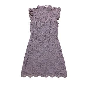 Re:Named Lace Dress Purple Lined Ruffle Short Sleeve High Neck Mini
